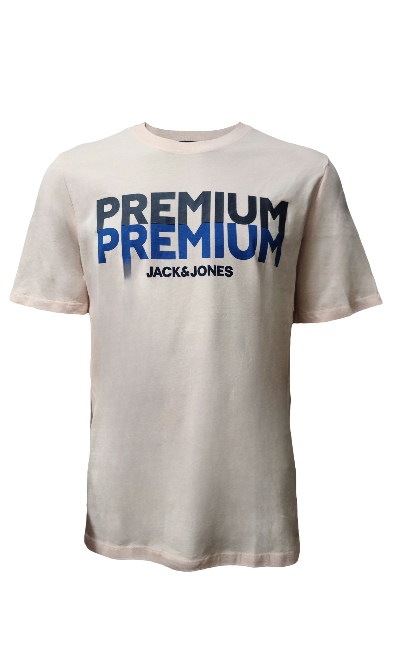 Peach Jack & Jones t-shirt with blue and black “Premium” logo print – unisex XL size