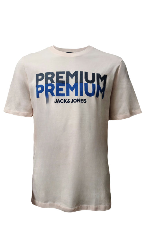 Peach Jack & Jones t-shirt with blue and black “Premium” logo print – unisex XL size
