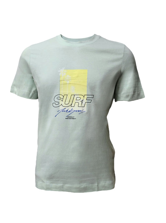 Light green Jack & Jones t-shirt with surf print and yellow palm design – unisex casual wear front view

