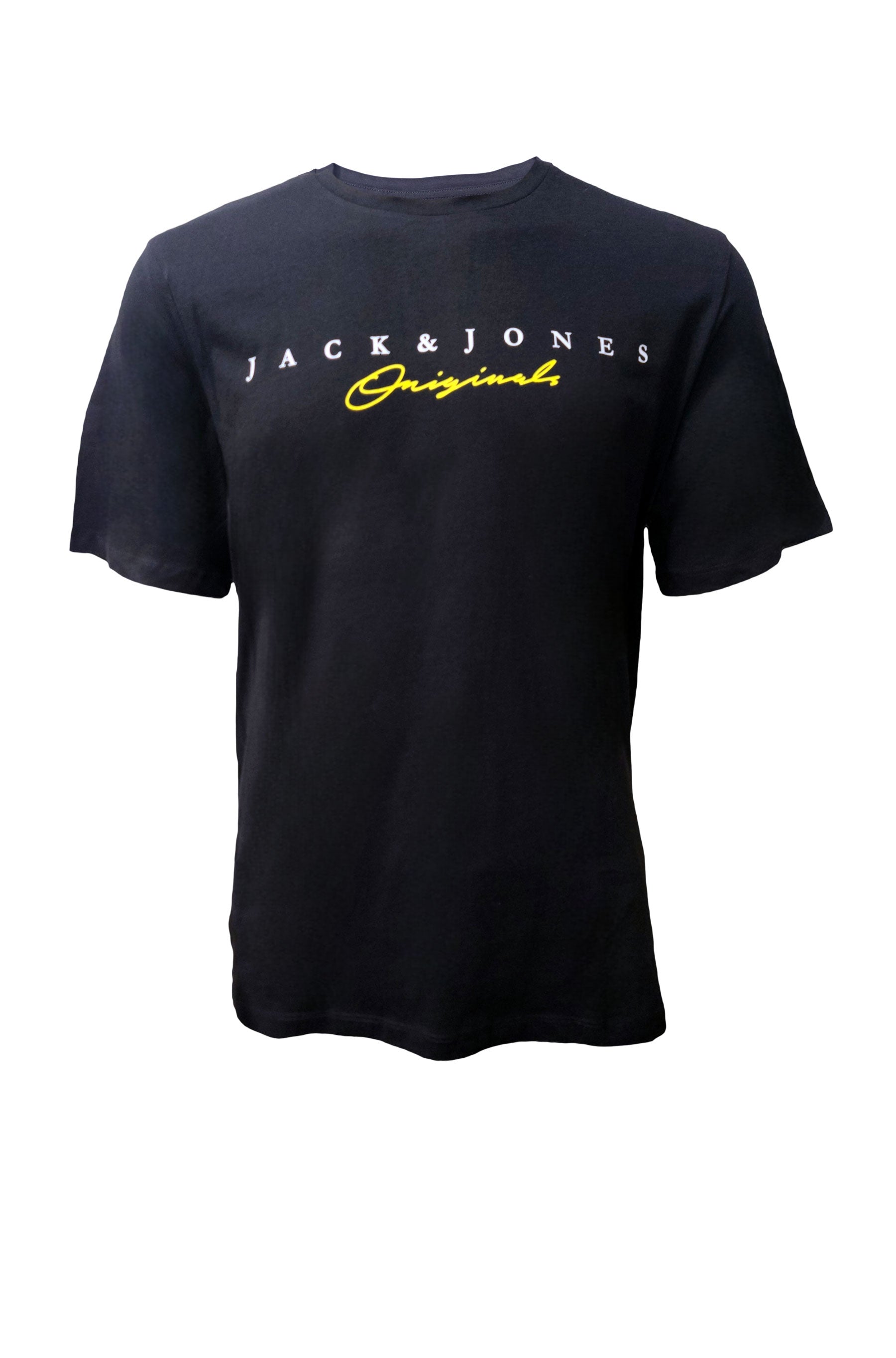 Black unisex Jack & Jones t-shirt with yellow "Originals" print – size XL