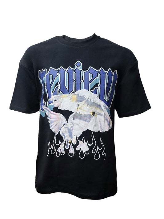 Black unisex t-shirt with gothic-style “Review” text, white dove print, and flame graphics – MACHINIST brand, size L