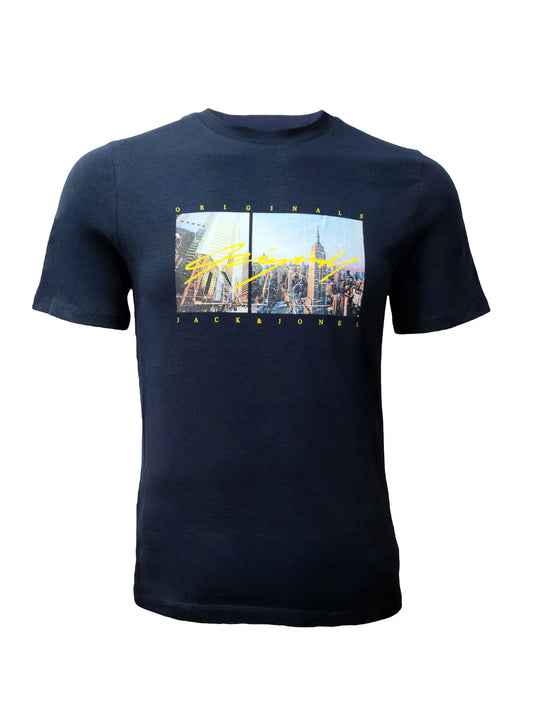 Navy blue Jack & Jones unisex t-shirt with yellow and cityscape graphic print – size XS