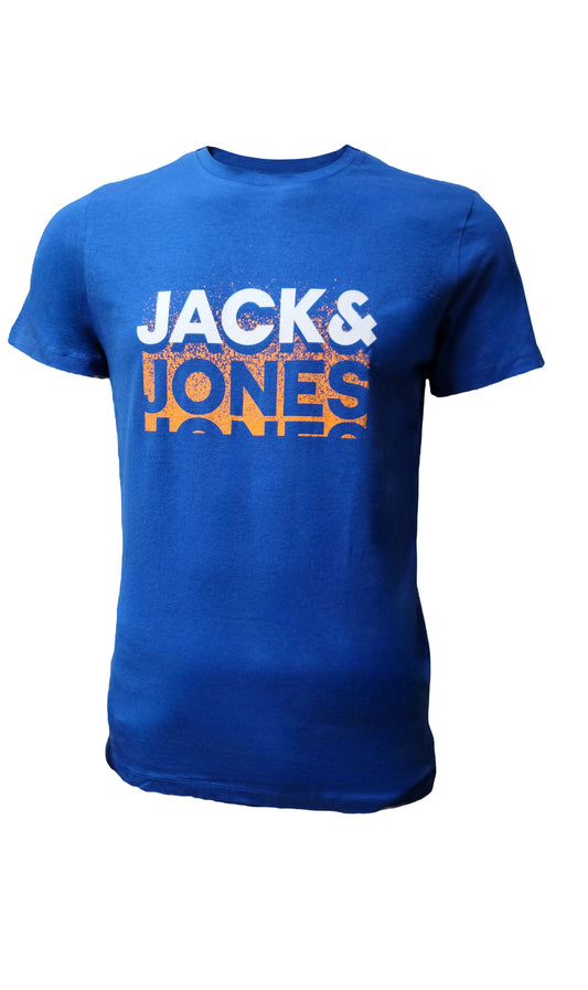 Blue Jack & Jones t-shirt with white and orange bold logo print – unisex casual style