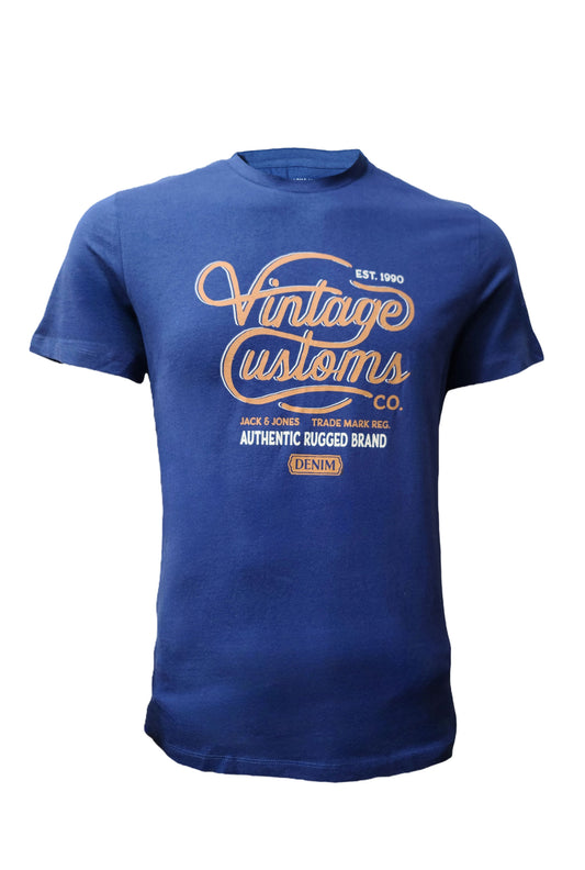 Blue Jack & Jones t-shirt with orange vintage print, short sleeves, size M, unisex fit

