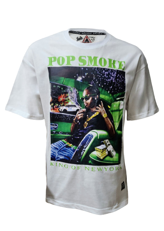  Pop Smoke graphic white unisex t-shirt with green "H" back print – cotton streetwear